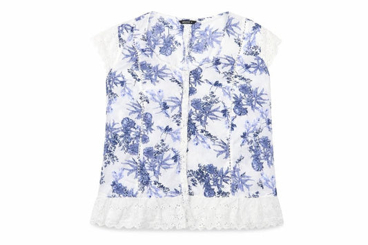 Front view of Roman women’s blue floral cotton basic button-up, size UK 12, scoop neck - embroided