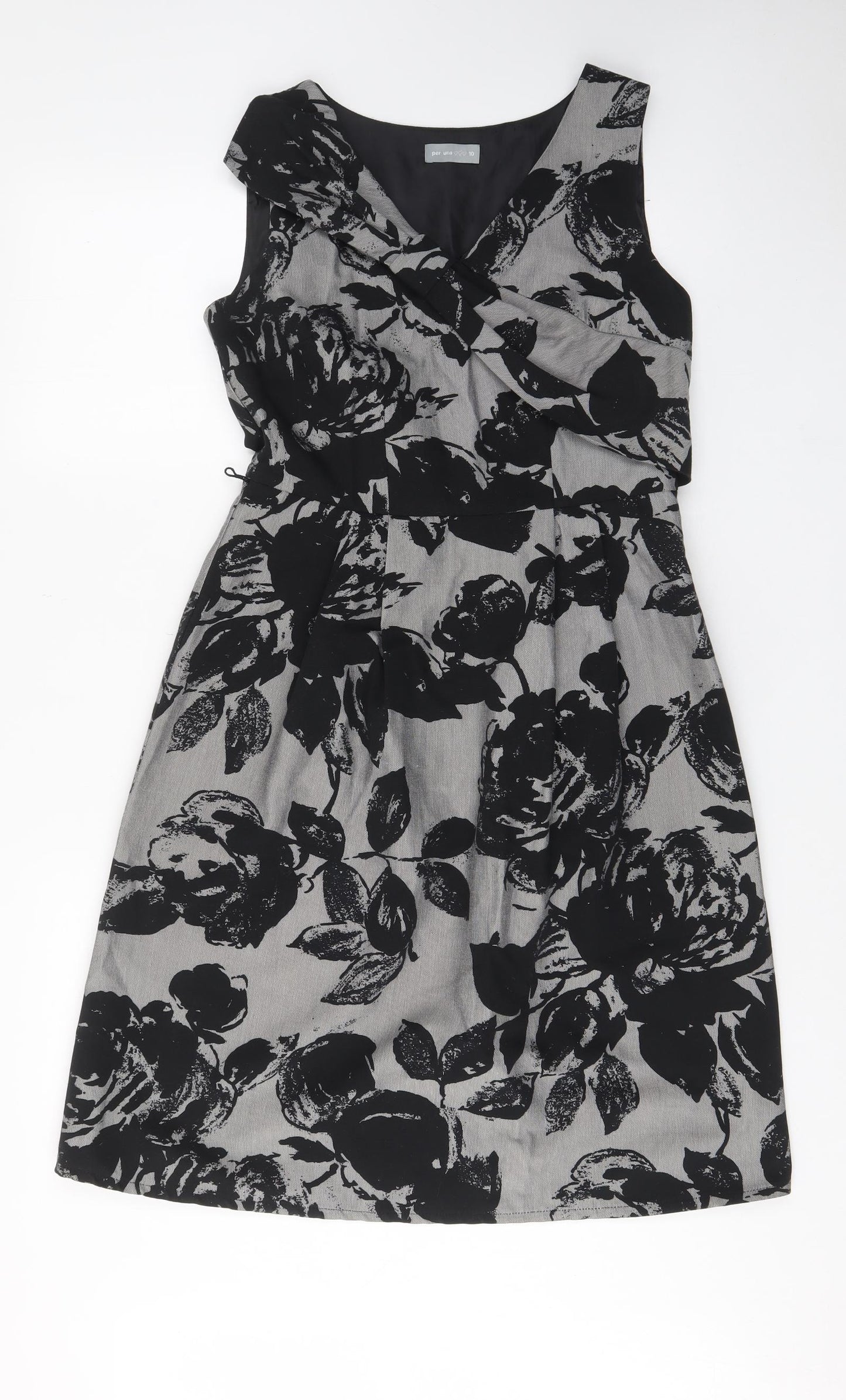 Per Una Womens Grey Floral Cotton Fit & Flare Size 10 V-Neck Zip - Bow, Pleated, Lined