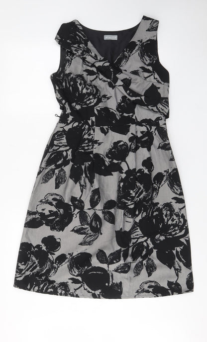 Per Una Womens Grey Floral Cotton Fit & Flare Size 10 V-Neck Zip - Bow, Pleated, Lined