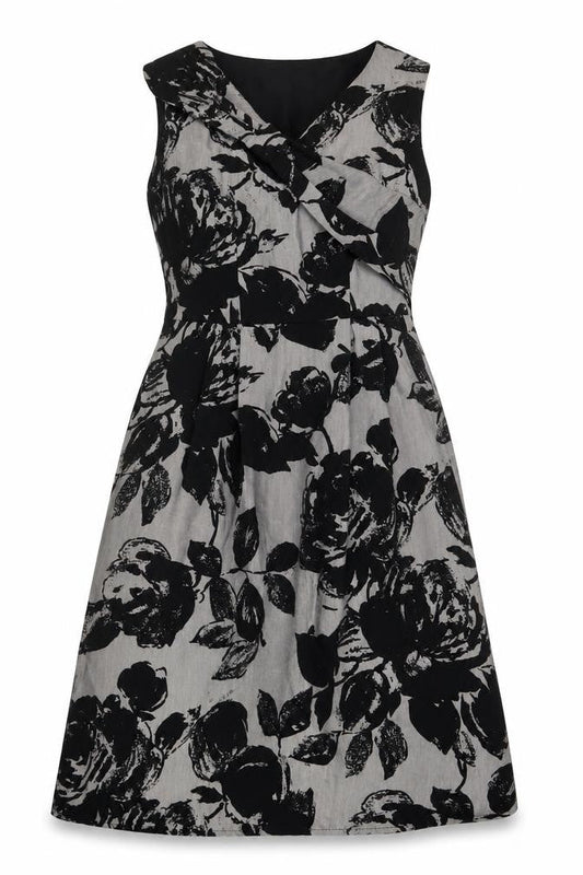 Per Una Womens Grey Floral Cotton Fit & Flare Size 10 V-Neck Zip - Bow, Pleated, Lined