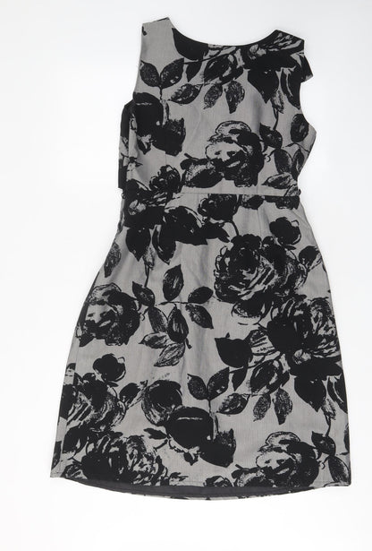 Per Una Womens Grey Floral Cotton Fit & Flare Size 10 V-Neck Zip - Bow, Pleated, Lined