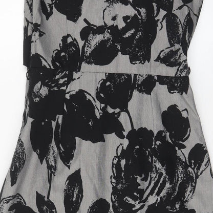 Per Una Womens Grey Floral Cotton Fit & Flare Size 10 V-Neck Zip - Bow, Pleated, Lined