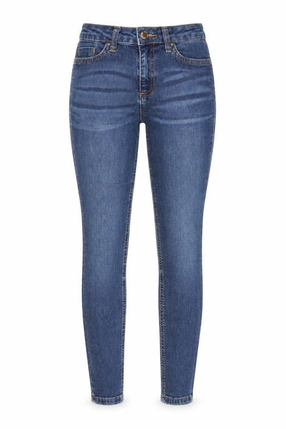 Front view of Miss Selfridge women’s blue cotton skinny jeans, size UK 6, 30-inch leg regular zip - pockets, belt loops