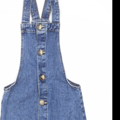 Denim & Co. Womens Blue Cotton Pinafore/Dungaree Dress Size 4 Square Neck Button - Pockets