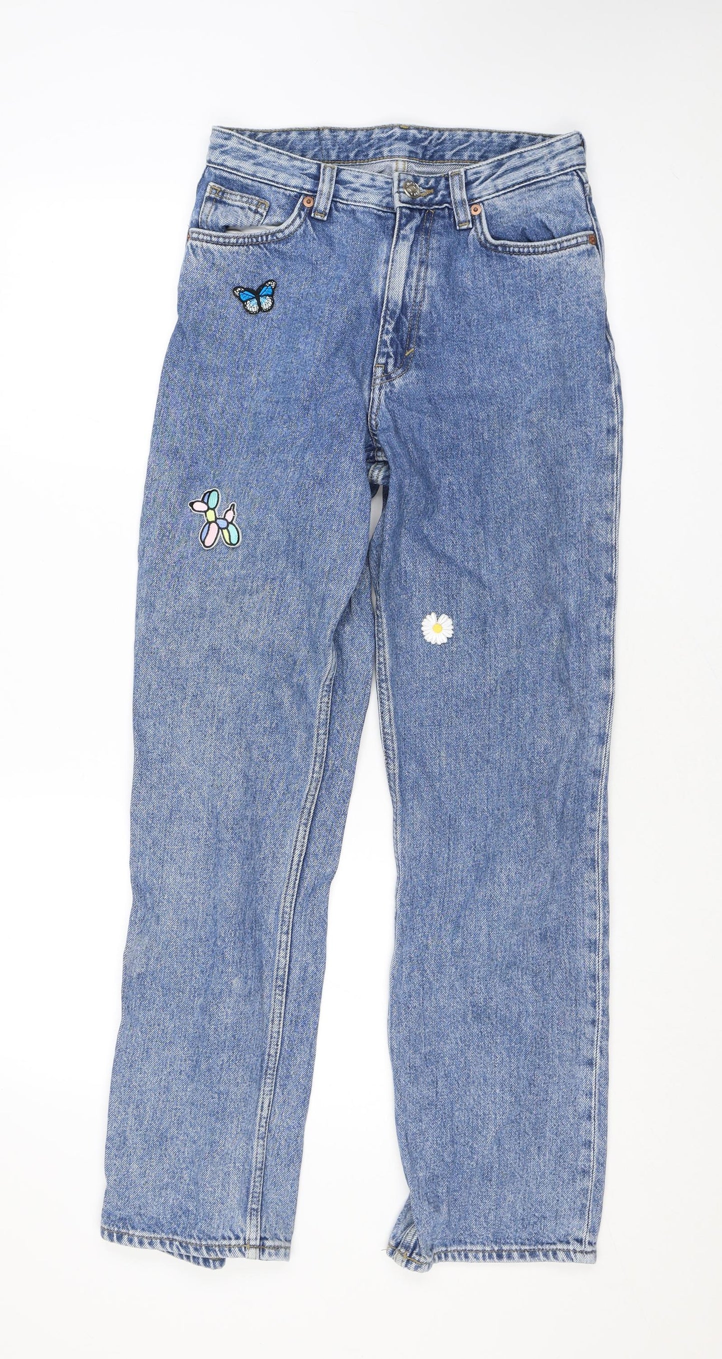 Monki Womens Blue Cotton Straight Jeans Size 26 L29 in Regular Zip - Embroidery, Flowers, Butterfly