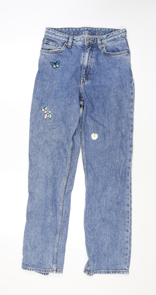 Monki Womens Blue Cotton Straight Jeans Size 26 L29 in Regular Zip - Embroidery, Flowers, Butterfly