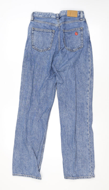 Monki Womens Blue Cotton Straight Jeans Size 26 L29 in Regular Zip - Embroidery, Flowers, Butterfly