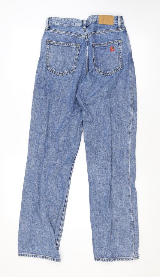 Monki Womens Blue Cotton Straight Jeans Size 26 L29 in Regular Zip - Embroidery, Flowers, Butterfly