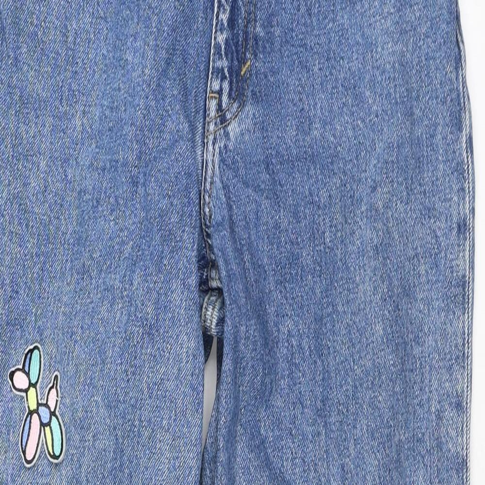 Monki Womens Blue Cotton Straight Jeans Size 26 L29 in Regular Zip - Embroidery, Flowers, Butterfly