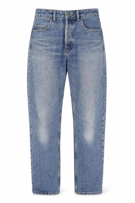Front view of ASOS women’s blue cotton boyfriend jeans, size UK 28, 32-inch leg regular button