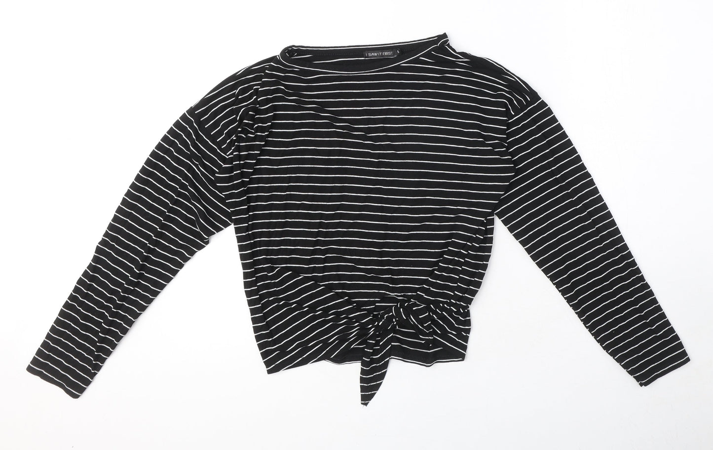 I SAW IT FIRST Womens Black Striped Viscose Basic T-Shirt Size S Round Neck - Bow Detail