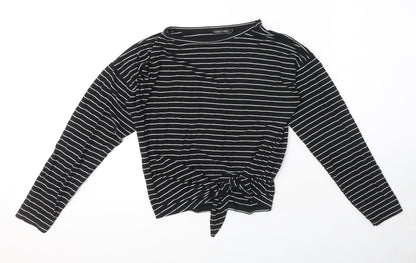 I SAW IT FIRST Womens Black Striped Viscose Basic T-Shirt Size S Round Neck - Bow Detail