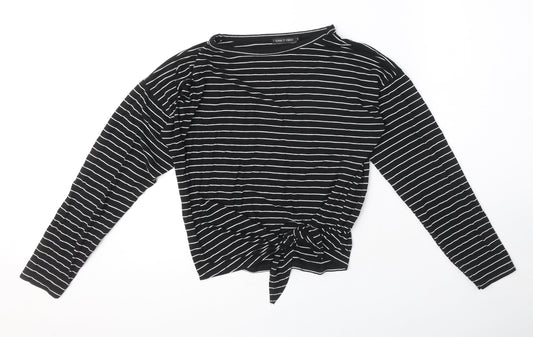 I SAW IT FIRST Womens Black Striped Viscose Basic T-Shirt Size S Round Neck - Bow Detail