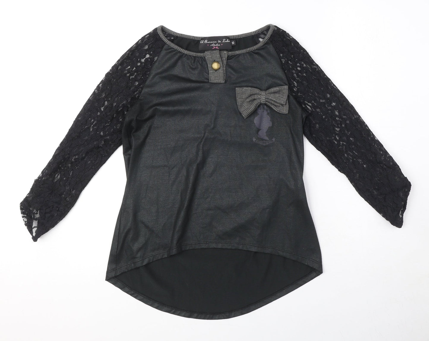El Armario de Suhi Womens Black Polyester Basic Blouse Size XS Round Neck - Lace Sleeves, Bow Detail
