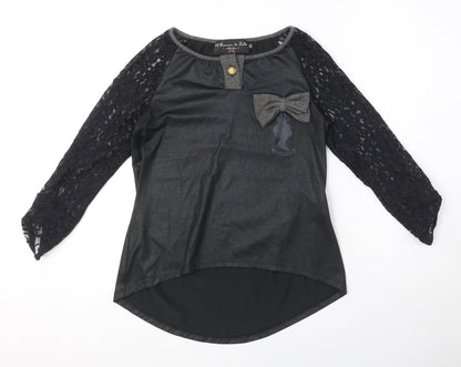 El Armario de Suhi Womens Black Polyester Basic Blouse Size XS Round Neck - Lace Sleeves, Bow Detail