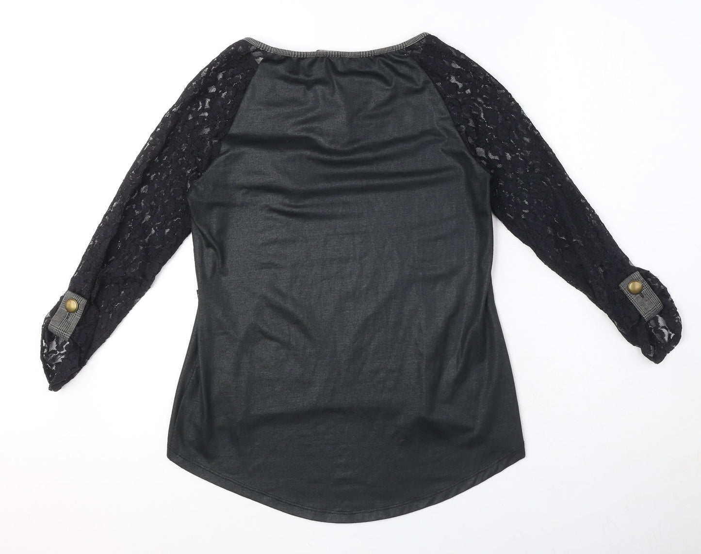 El Armario de Suhi Womens Black Polyester Basic Blouse Size XS Round Neck - Lace Sleeves, Bow Detail