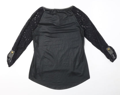 El Armario de Suhi Womens Black Polyester Basic Blouse Size XS Round Neck - Lace Sleeves, Bow Detail