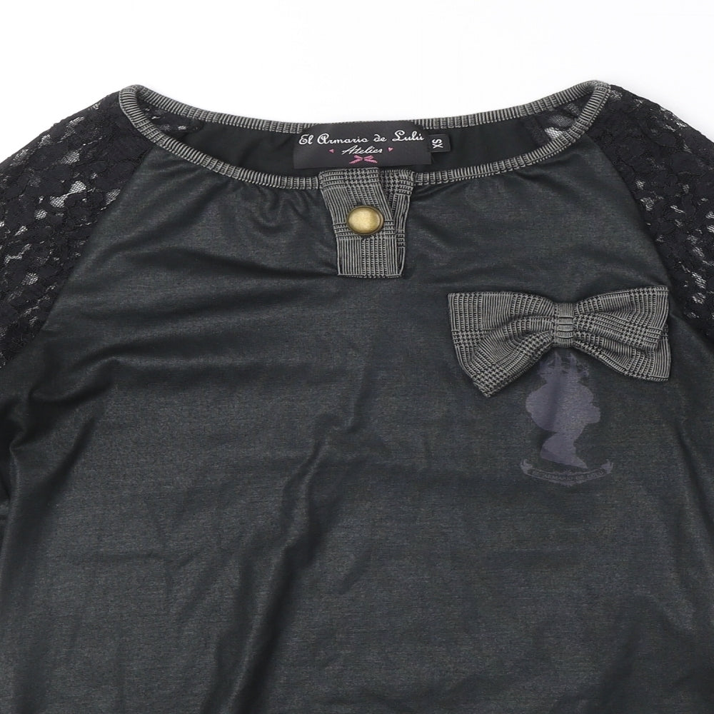 El Armario de Suhi Womens Black Polyester Basic Blouse Size XS Round Neck - Lace Sleeves, Bow Detail