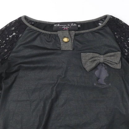 El Armario de Suhi Womens Black Polyester Basic Blouse Size XS Round Neck - Lace Sleeves, Bow Detail