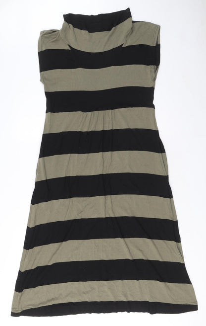 The Masai Womens Green Striped Viscose A-Line Size L Mock Neck Pullover - Pockets