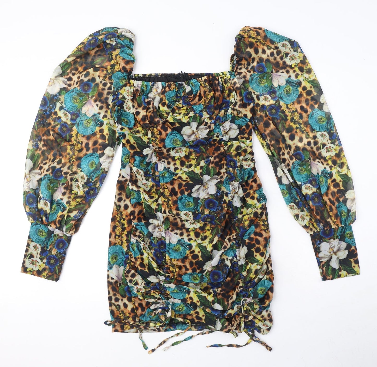 PRETTYLITTLETHING Womens Multicoloured Animal Print Polyester Mini Size 10 Square Neck Zip - Floral, Rushed detail