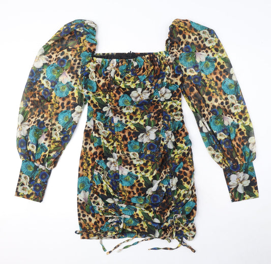 PRETTYLITTLETHING Womens Multicoloured Animal Print Polyester Mini Size 10 Square Neck Zip - Floral, Rushed detail