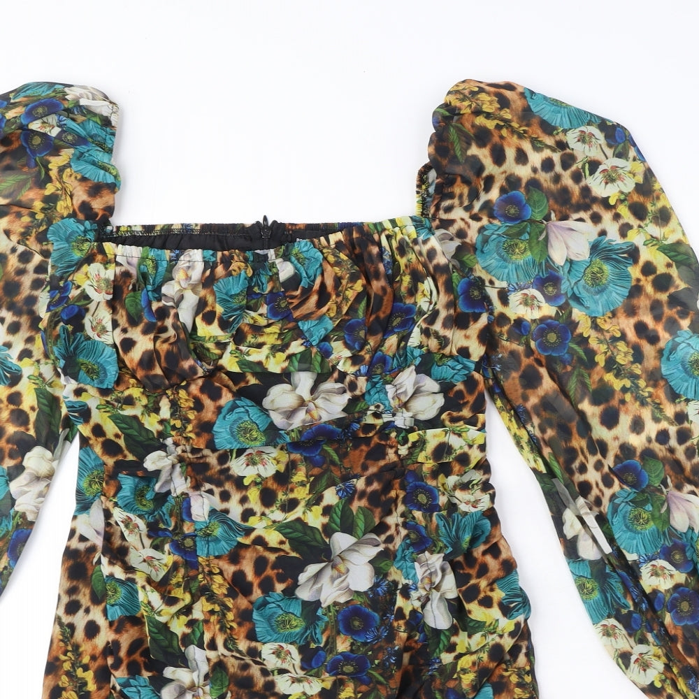 PRETTYLITTLETHING Womens Multicoloured Animal Print Polyester Mini Size 10 Square Neck Zip - Floral, Rushed detail
