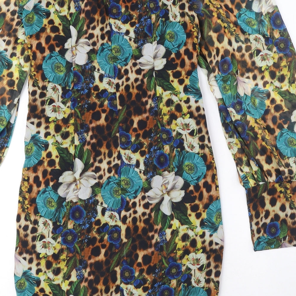 PRETTYLITTLETHING Womens Multicoloured Animal Print Polyester Mini Size 10 Square Neck Zip - Floral, Rushed detail