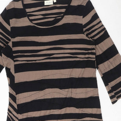 Adini Womens Brown Striped 100% Cotton A-Line Size L Round Neck Pullover
