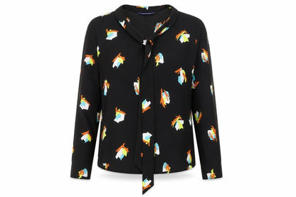 ynonyme Womens Black Geometric Polyester Basic Blouse Size S V-Neck - Tie Detail