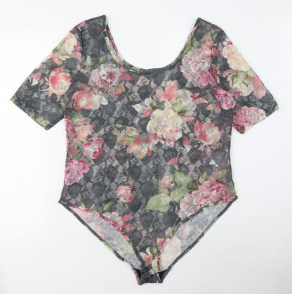 South Womens Grey Floral Polyester Bodysuit One-Piece Size 16 Snap