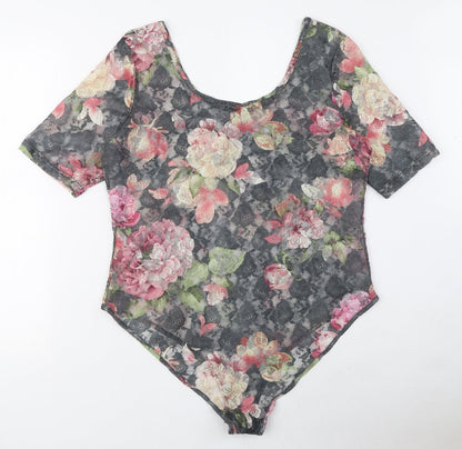 South Womens Grey Floral Polyester Bodysuit One-Piece Size 16 Snap