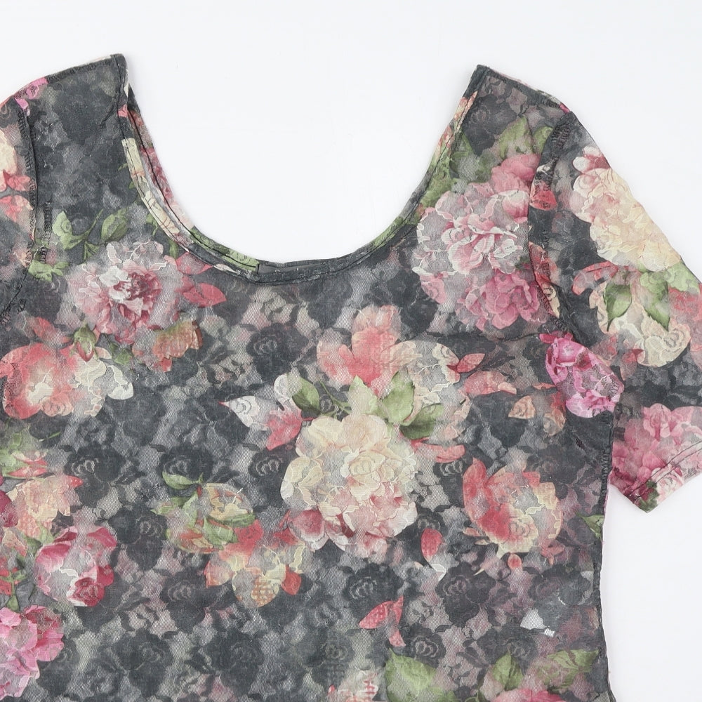South Womens Grey Floral Polyester Bodysuit One-Piece Size 16 Snap