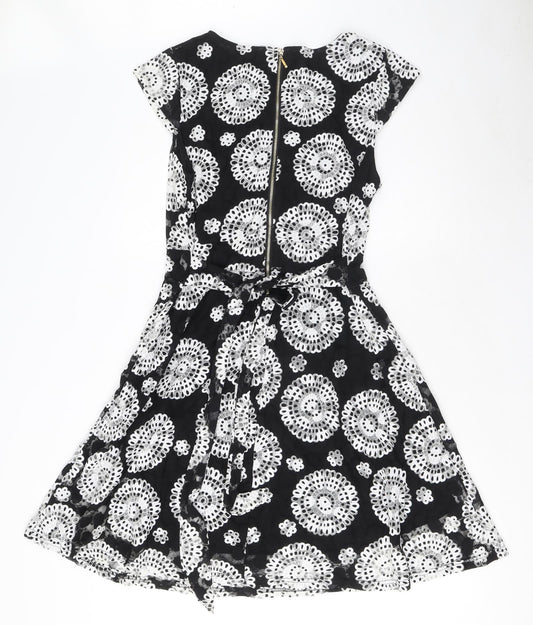 Stella Morgan Womens Black Floral Nylon Fit & Flare Size 14 V-Neck Zip - Tie detail