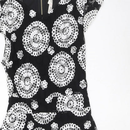 Stella Morgan Womens Black Floral Nylon Fit & Flare Size 14 V-Neck Zip - Tie detail
