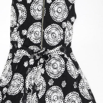 Stella Morgan Womens Black Floral Nylon Fit & Flare Size 14 V-Neck Zip - Tie detail