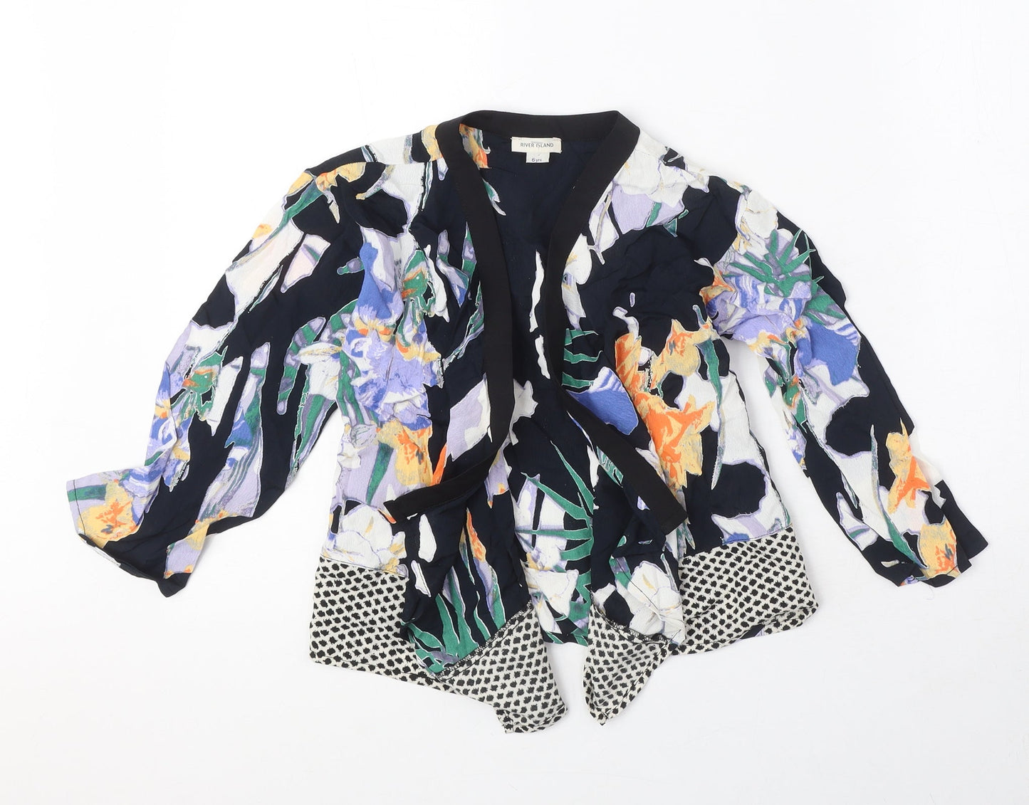 River Island Girls Black V-Neck Floral Viscose Cardigan Jumper Size 6 Years
