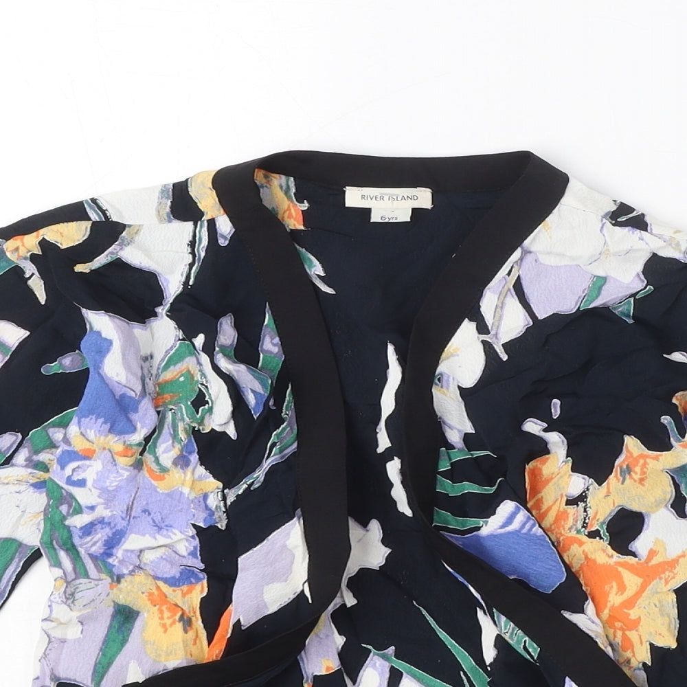 River Island Girls Black V-Neck Floral Viscose Cardigan Jumper Size 6 Years