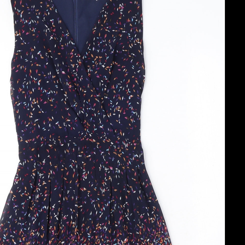 anisa Womens Blue Geometric Polyester A-Line Size S V-Neck Zip - Size S-M