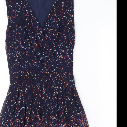 anisa Womens Blue Geometric Polyester A-Line Size S V-Neck Zip - Size S-M