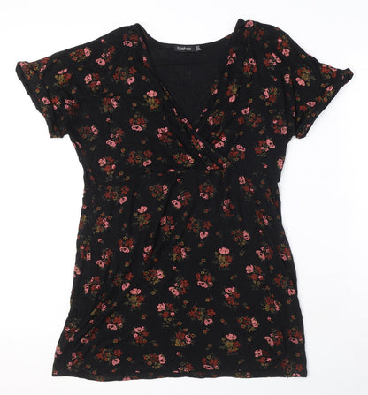 Boohoo Womens Black Floral Viscose A-Line Size 16 V-Neck Pullover