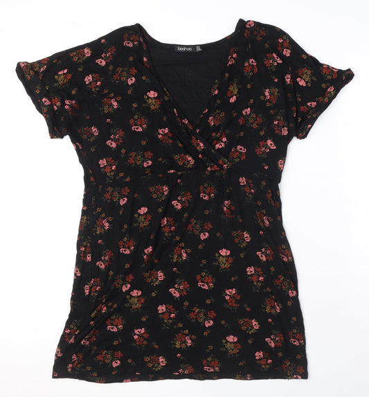 Boohoo Womens Black Floral Viscose A-Line Size 16 V-Neck Pullover