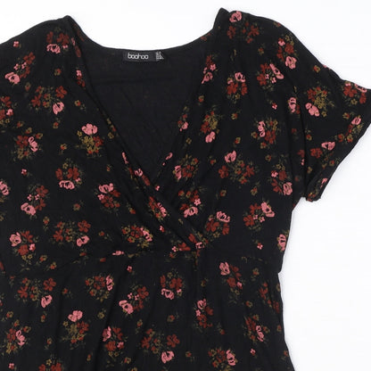 Boohoo Womens Black Floral Viscose A-Line Size 16 V-Neck Pullover