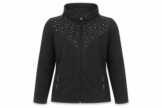 Front view of C&A women’s black cotton full zip sweatshirt, size M, zip - jeweled detail