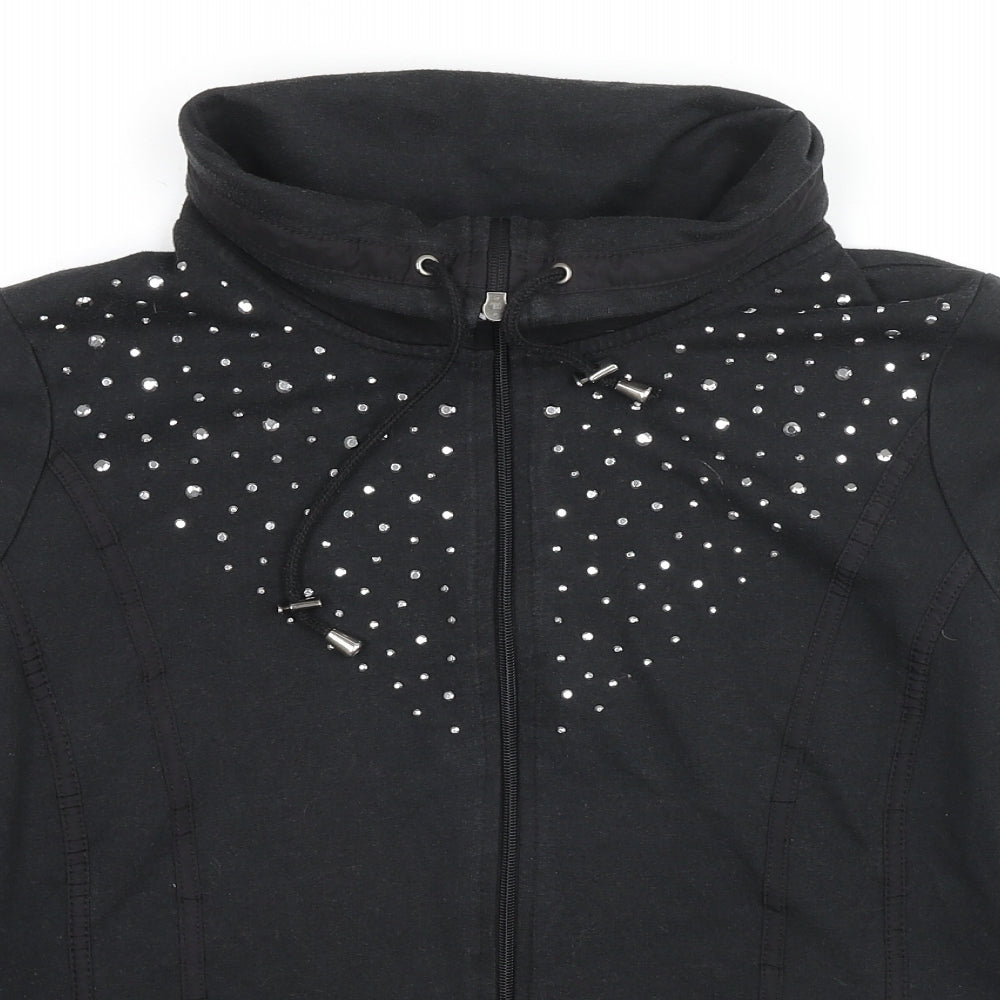 C&A Womens Black Cotton Full Zip Sweatshirt Size M Zip - Jeweled Detail