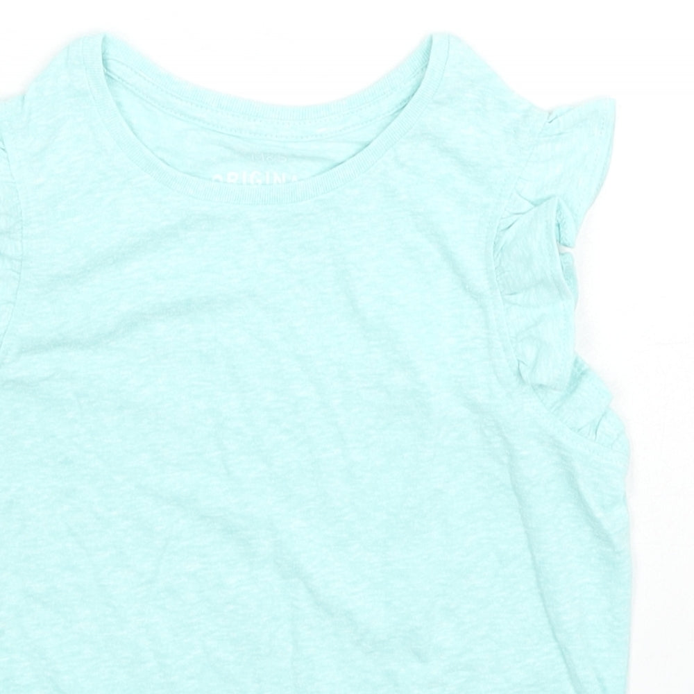Close-up detail of Marks & Spencer girls’ blue polyester basic tank, size 5-6, years round neck pullover