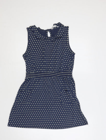 Red Herring Womens Blue Polka Dot Cotton A-Line Size 12 Boat Neck Button - Ruffle