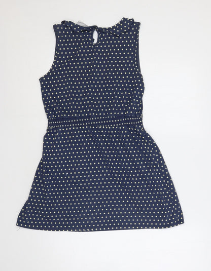 Red Herring Womens Blue Polka Dot Cotton A-Line Size 12 Boat Neck Button - Ruffle