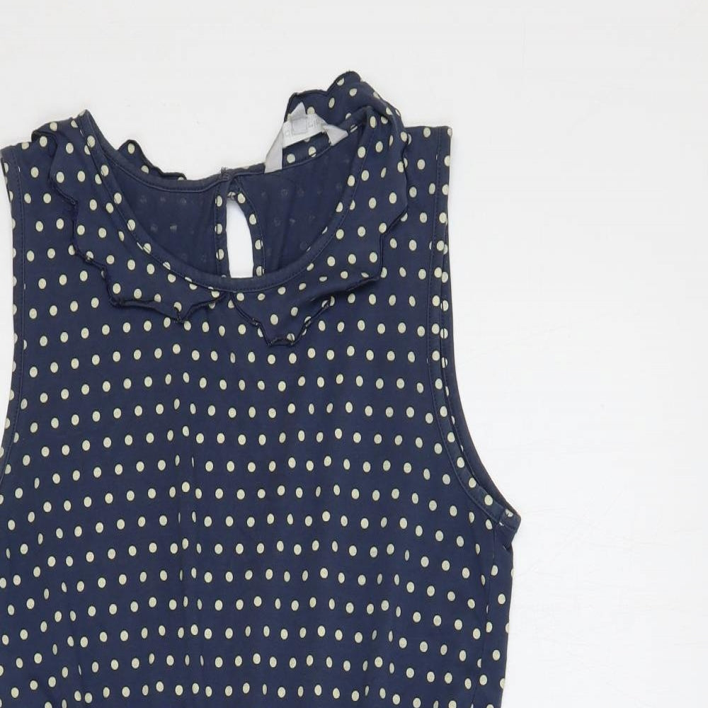 Red Herring Womens Blue Polka Dot Cotton A-Line Size 12 Boat Neck Button - Ruffle