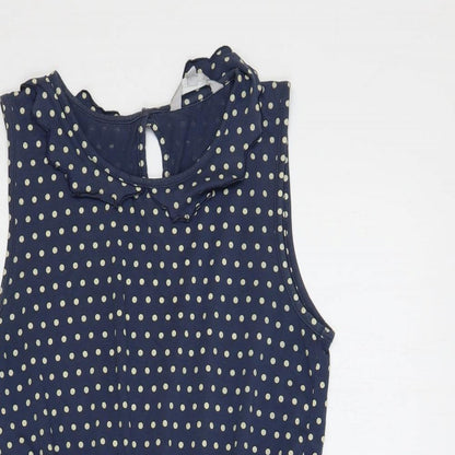 Red Herring Womens Blue Polka Dot Cotton A-Line Size 12 Boat Neck Button - Ruffle